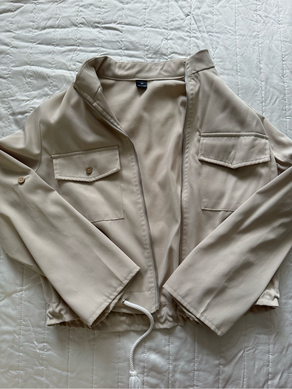 Light Beige Drawstring Zip Jacket